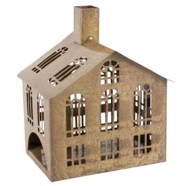 Metalen windlicht huis kerk peach 25cm hoog